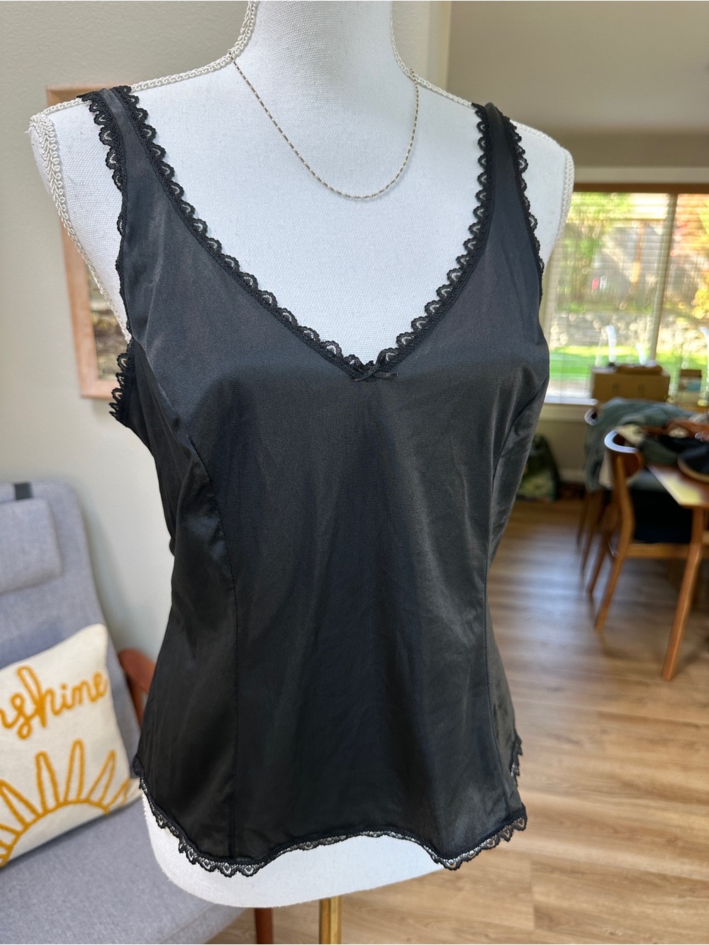 Vintage Warner's Black Satin Lace-Trim Camisole